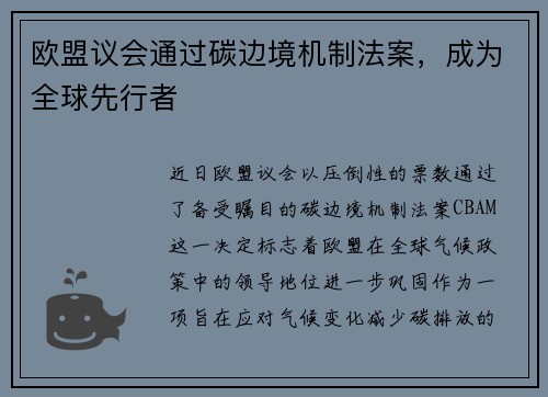 欧盟议会通过碳边境机制法案，成为全球先行者