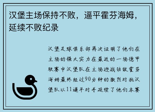 汉堡主场保持不败，逼平霍芬海姆，延续不败纪录